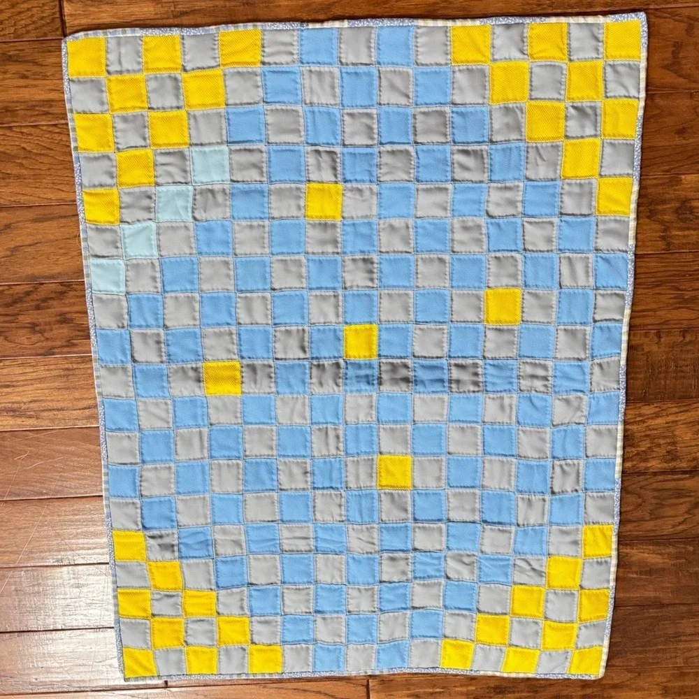 EUC Granny Handmade‎ Patchwork Baby Quilt Blue Grey Yellow Nursery Blanket 36x45